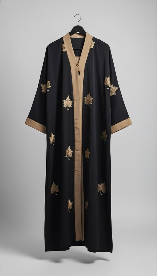 Black Nida Abaya with Gold Leaf Embroidery – Elegant Occasion Abaya