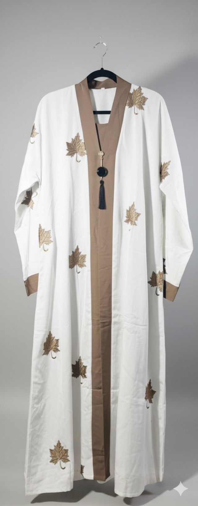 White Nida Abaya with Gold Leaf Embroidery – Elegant Occasion Abaya