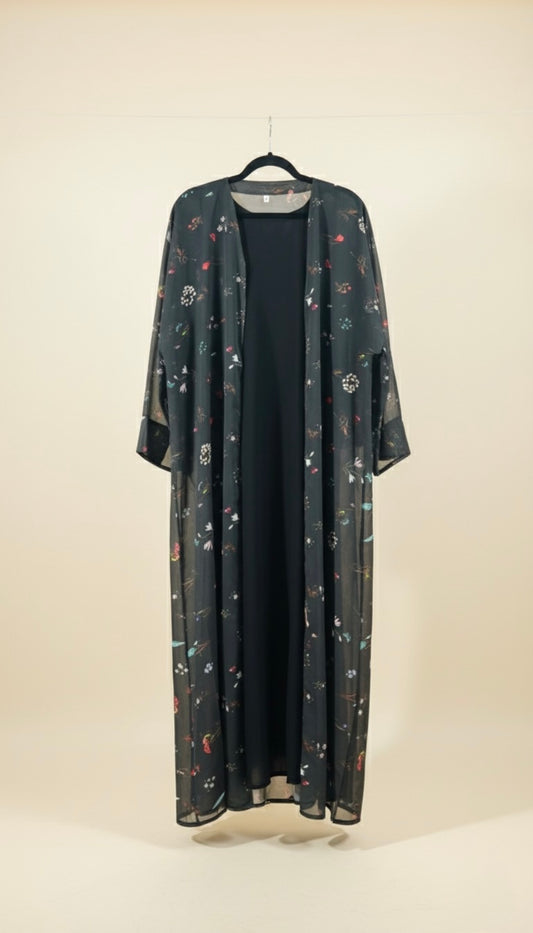 Floral Chiffon Open Abaya with Black Nida Inner