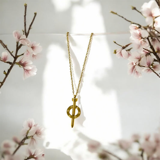 Gold Screw & Ring Pendant Necklace
