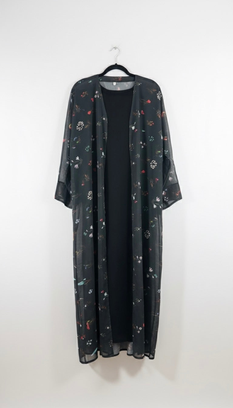 Floral Chiffon Open Abaya with Black Nida Inner