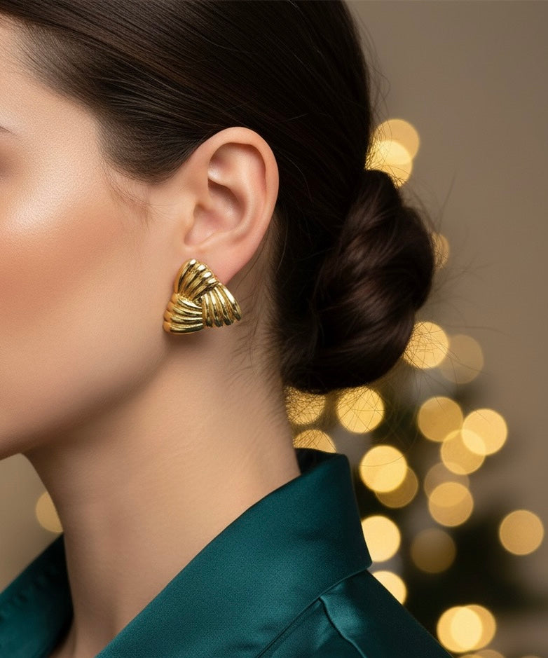Gold Ribbed Triangle Earrings