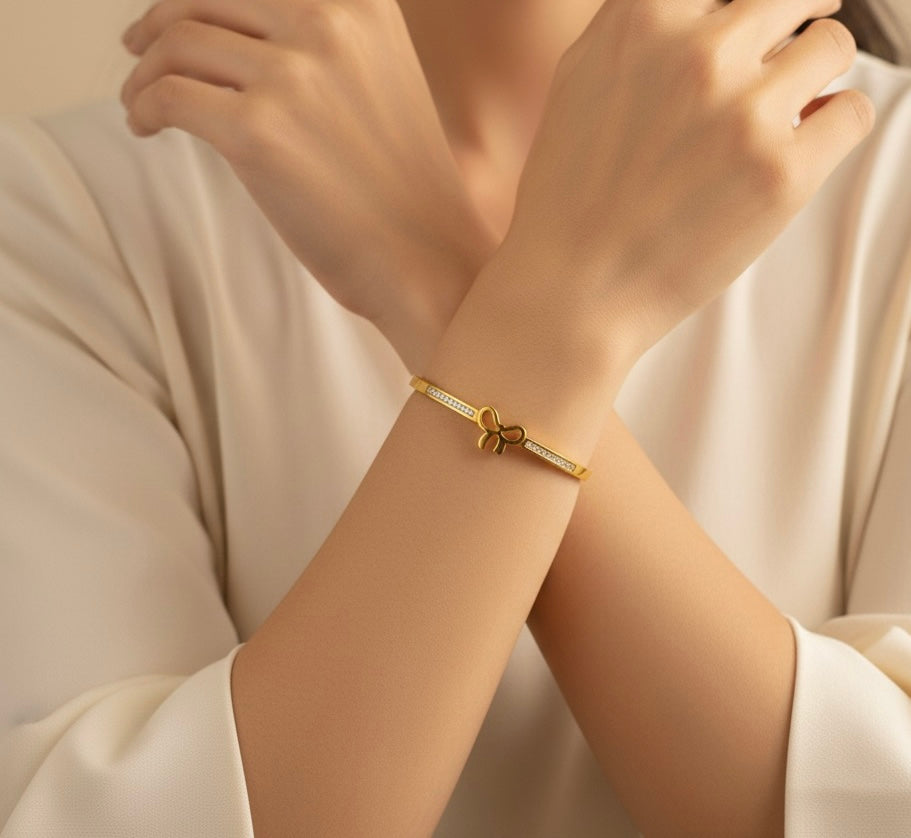Gold Bow Bracelet with Crystals