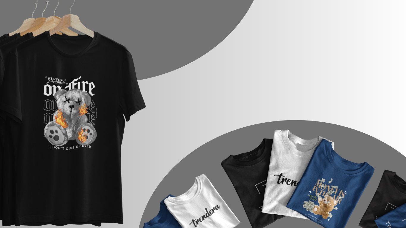 Collection of t-shirts with various designs on a gray and white background