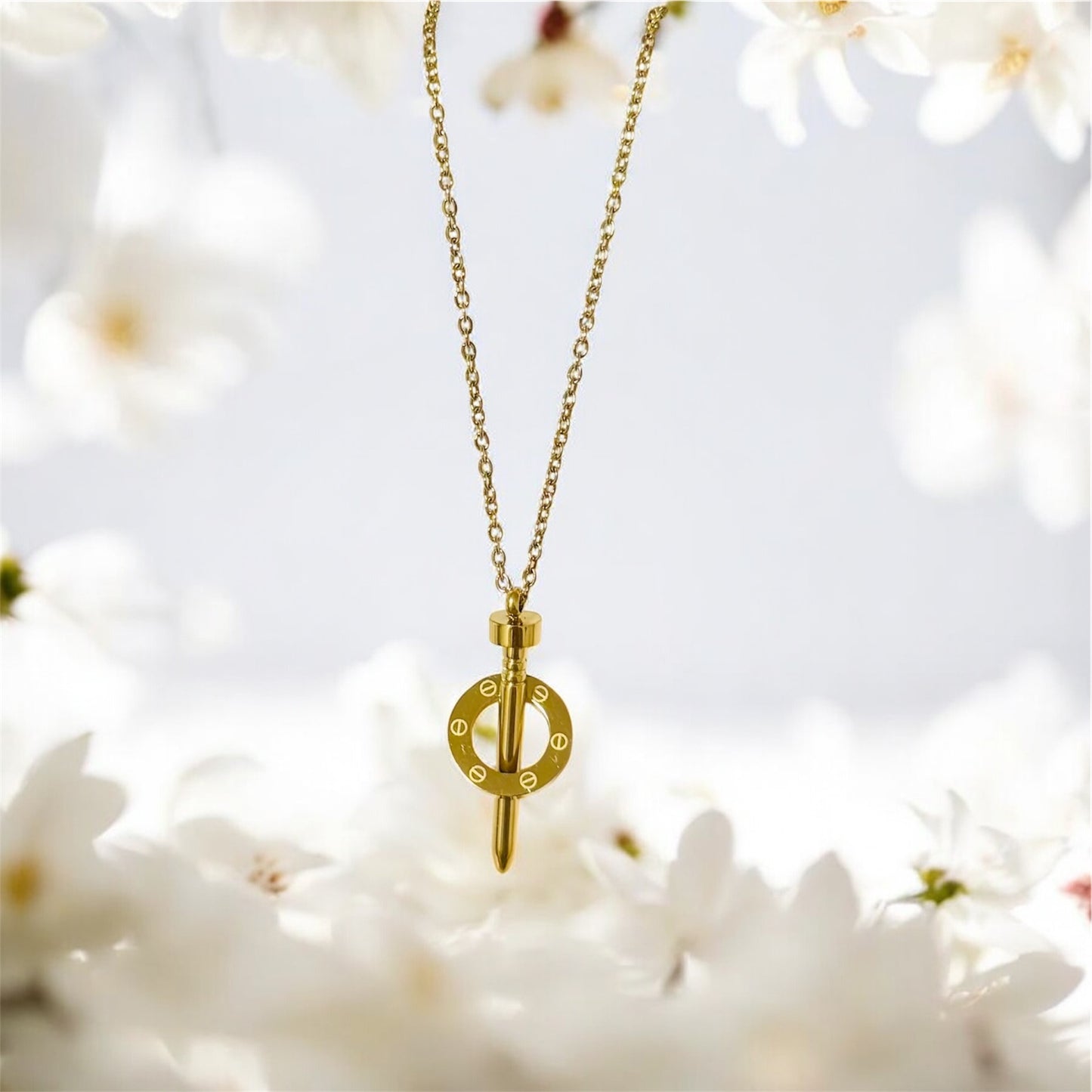 Gold Screw & Ring Pendant Necklace