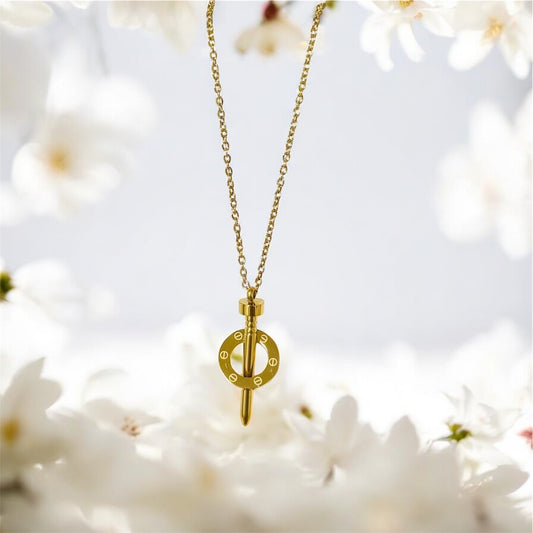 Gold Screw & Ring Pendant Necklace