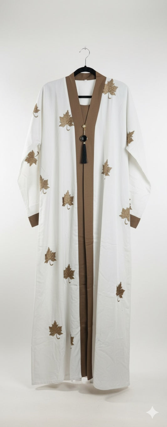White Nida Abaya with Gold Leaf Embroidery – Elegant Occasion Abaya