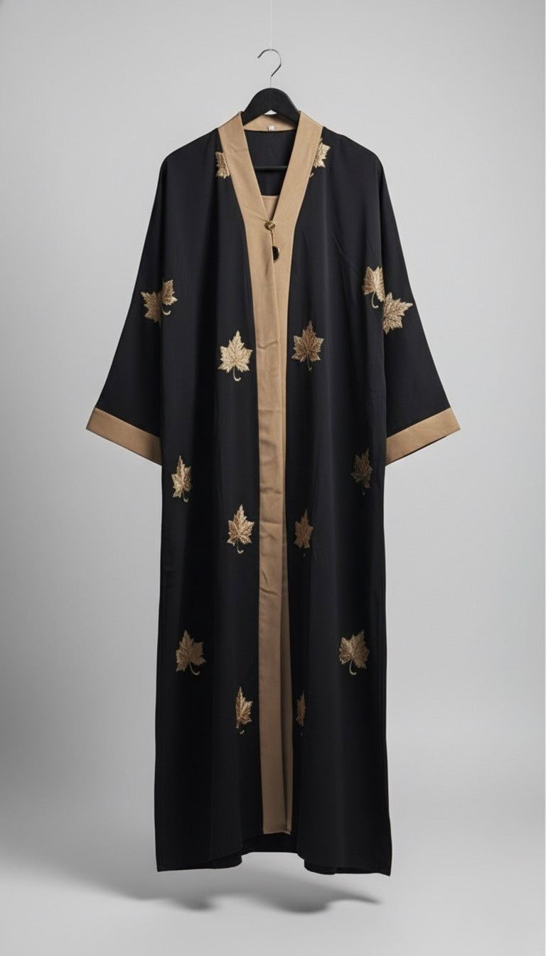 Black Nida Abaya with Gold Leaf Embroidery – Elegant Occasion Abaya