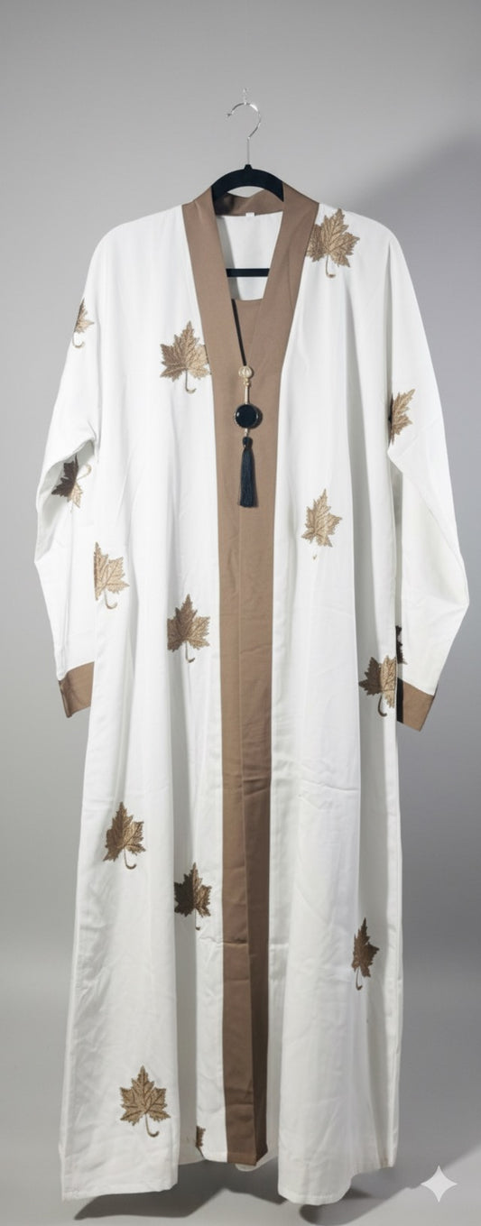 White Nida Abaya with Gold Leaf Embroidery – Elegant Occasion Abaya