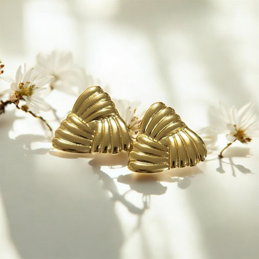 Gold Ribbed Triangle Earrings