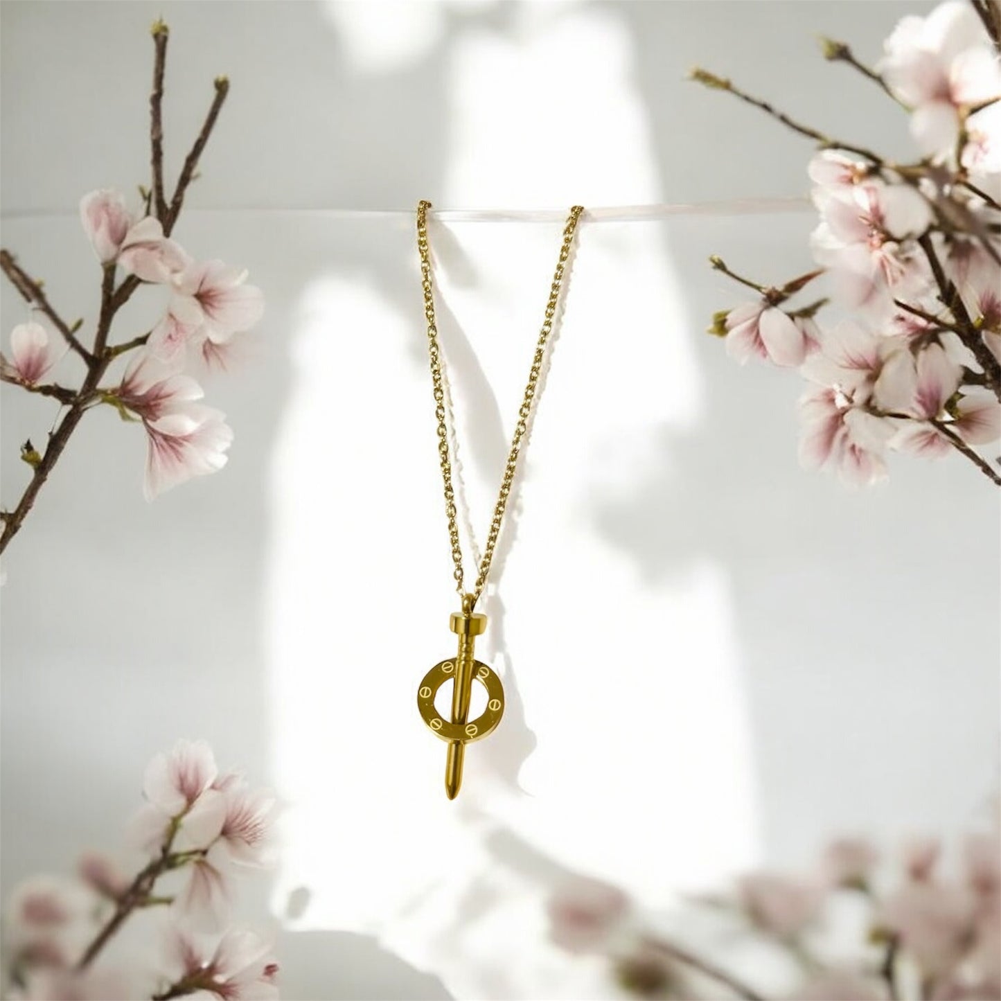 Gold Screw & Ring Pendant Necklace