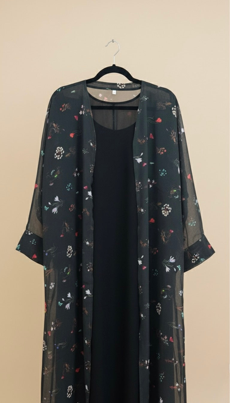 Floral Chiffon Open Abaya with Black Nida Inner